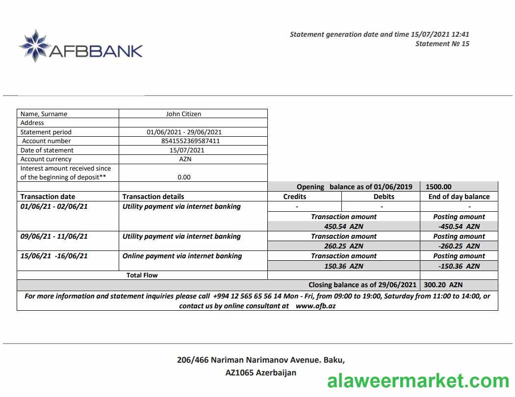 Azerbaijan Afbbank bank statement